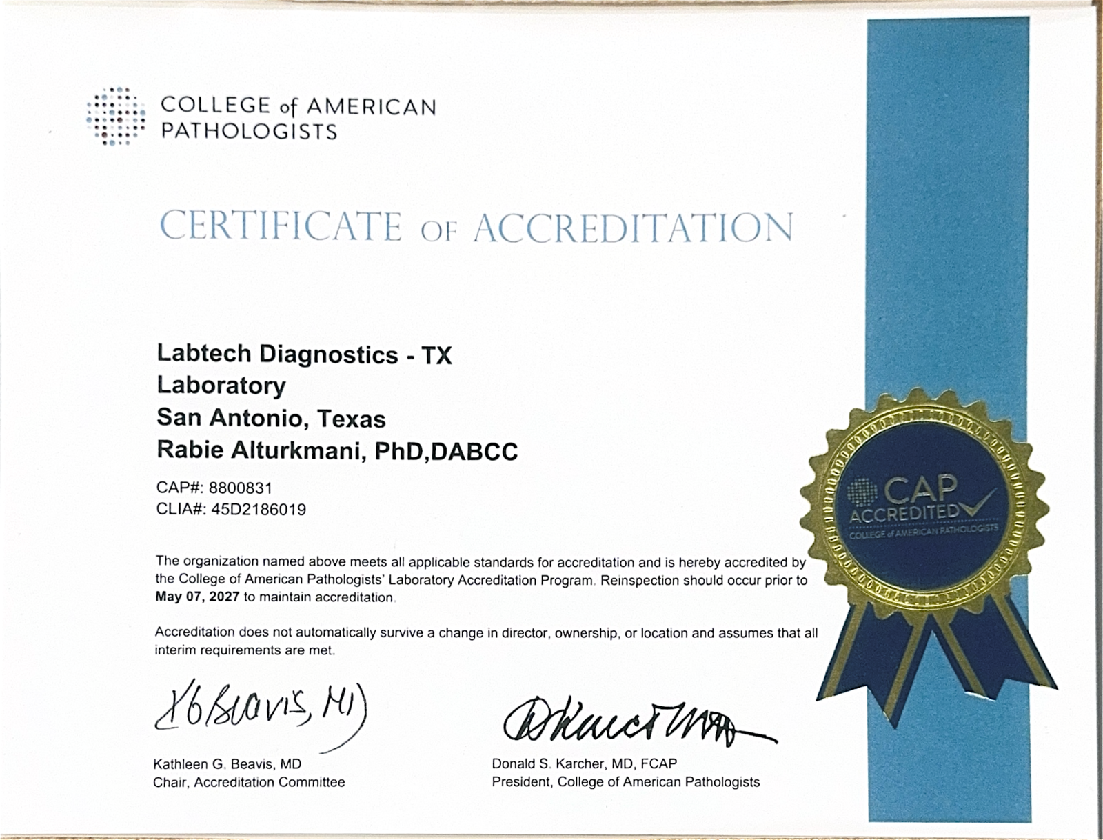 CAP Accreditation Certificate
